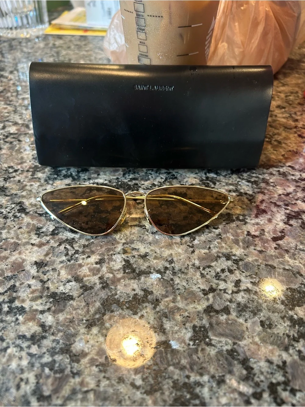 Saint Laurent SL487 003 Gold Brown Cat Eye Sunglasses + Case